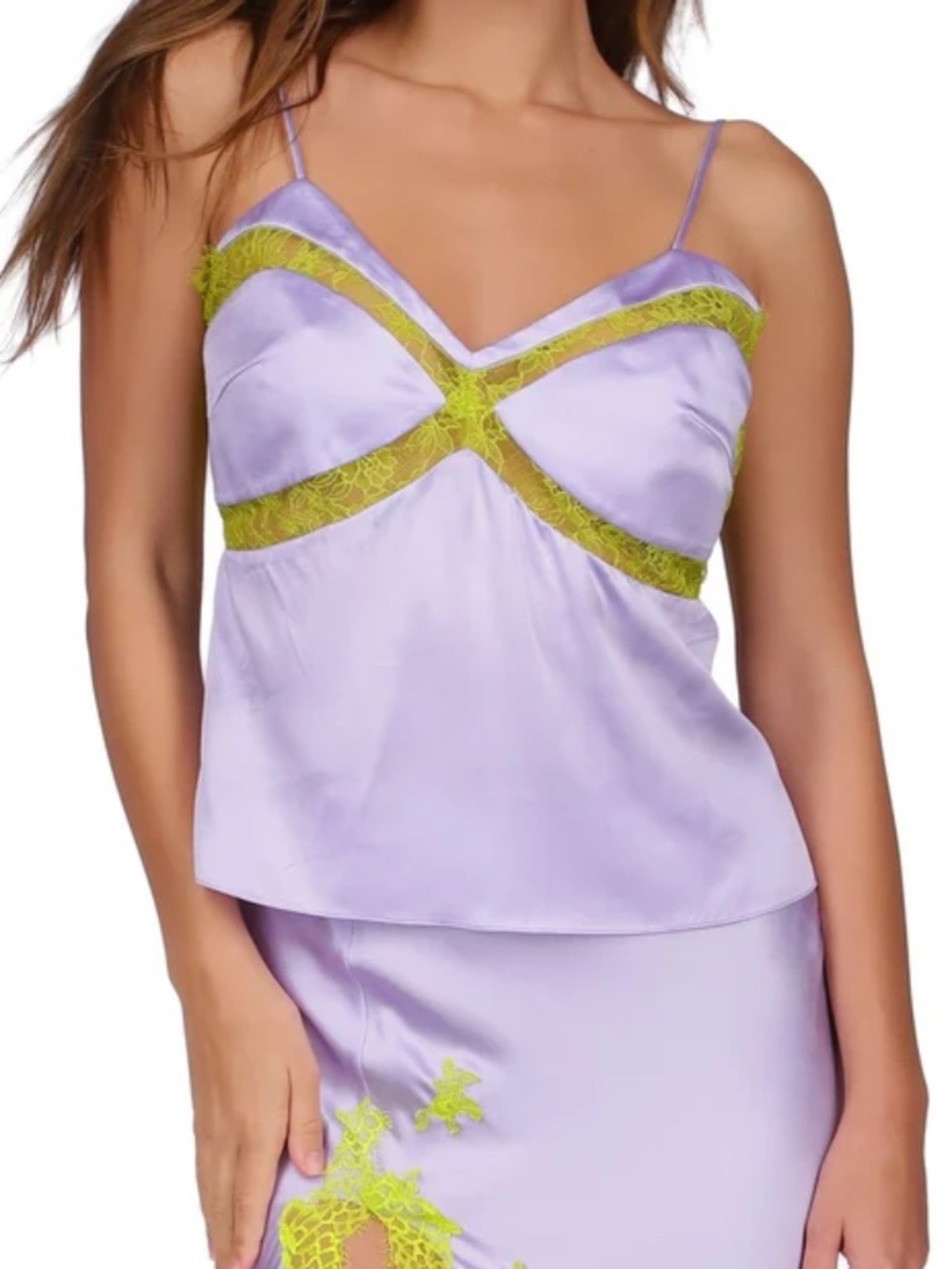 Dannijo 100% Silk Lavender Chartreuse Lace Paneled Camisole Sz XL
